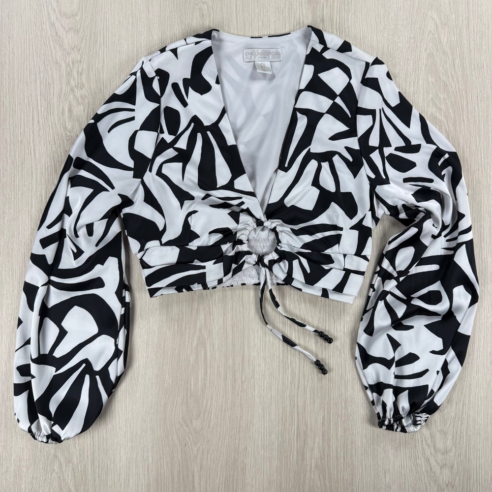 Caroline Constas Black White Abstract Print O-Ring Crop Top Balloon Sleeve Small